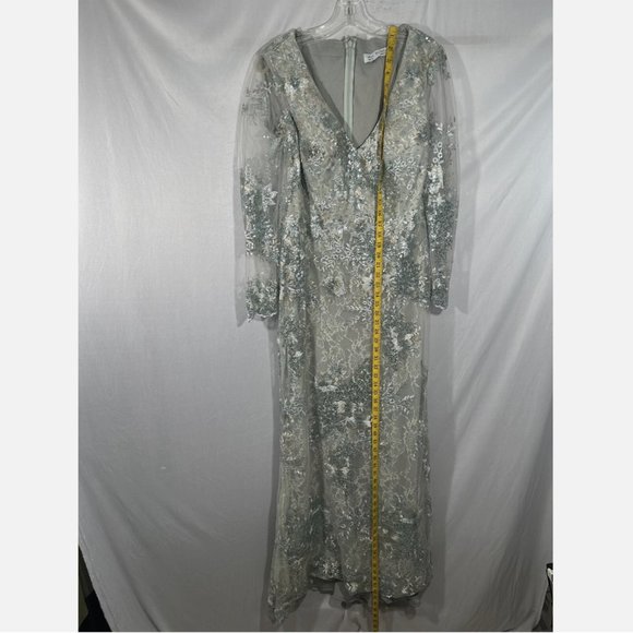 NWT$698 Mac Duggal [ 16 ] Embellished V-Neck Illusion Long Sleeve Gown Sea‎ Mist - Picture 12 of 16